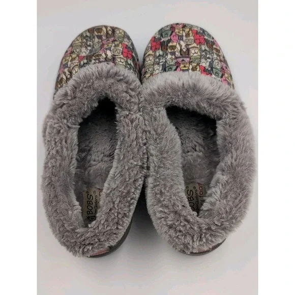 Skechers BOBS Slippers Women 7.5 Dog Print Faux Fur Lined Memory Foam Cozy - Picture 2 of 16